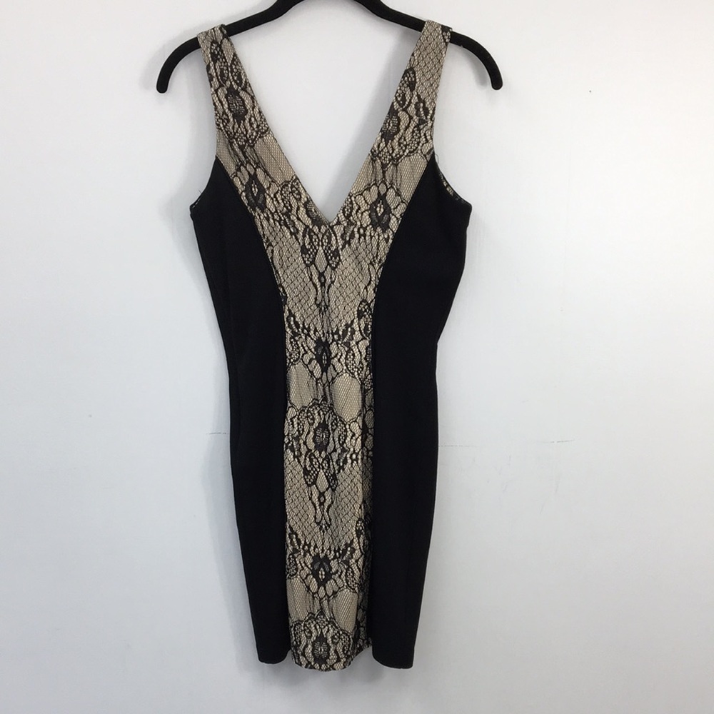 Arden B V-Neck Sleeveless Black Tan Lace Embossed Sheath Dress Size S EXCELLENT